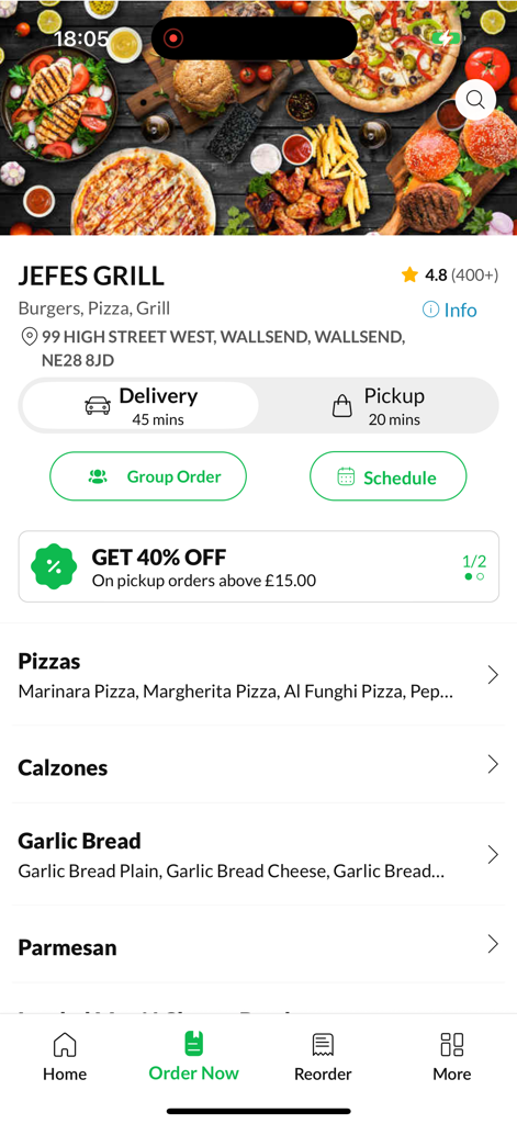 Interfaccia dell'app mobile Jefes Grill con categorie di menu per pizza e hamburger e una promozione del 40% di sconto