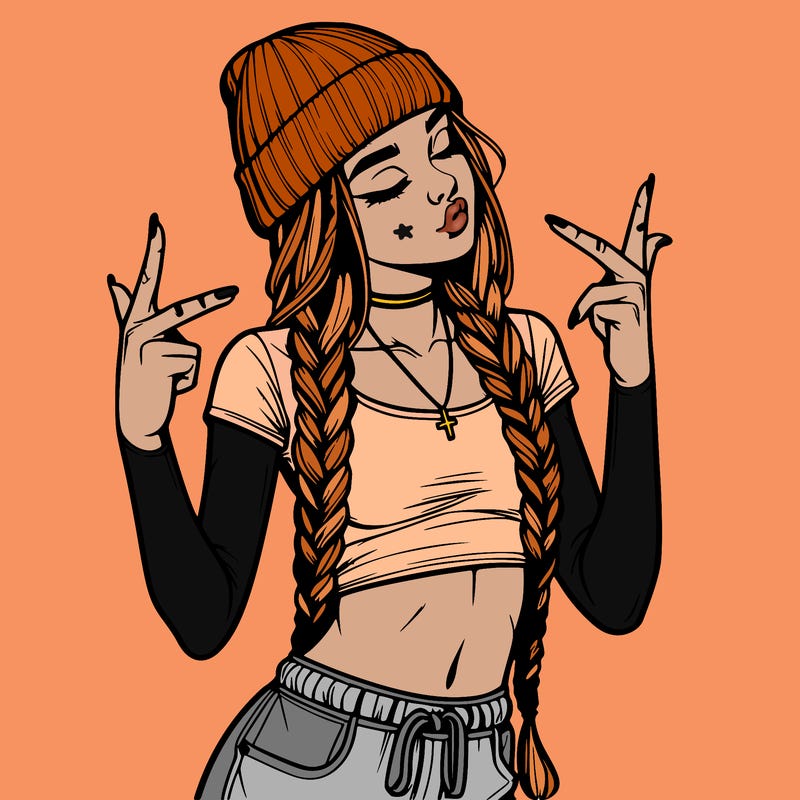 realistic teenage girl with braids and a beanie and crop top doing 🫶🏼