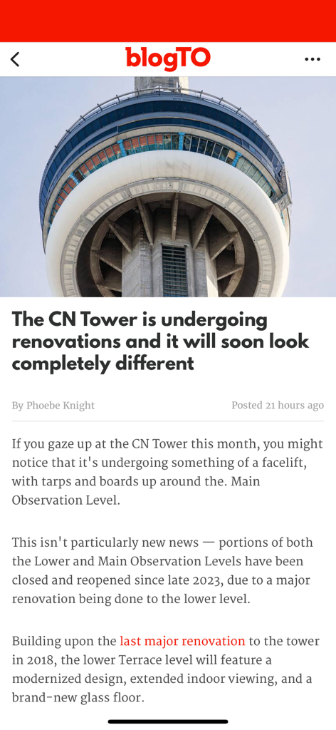 blogTO - News article on the blogTO app about renovations at the CN Tower.