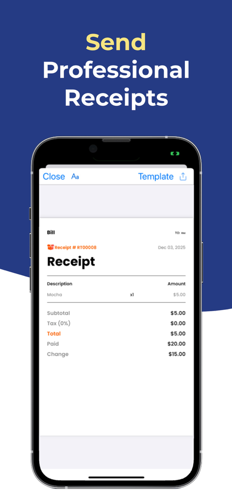 POS Simple- Tap to Pay Receipt - A professional digital receipt displayed on a smartphone screen showing items subtotal tax and change for a small business transaction