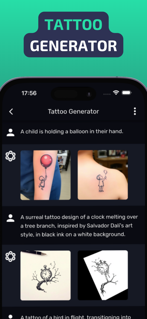Interface do aplicativo Evo AI exibindo seu recurso de gerador de tatuagens com prompts de texto e designs de tinta personalizados.