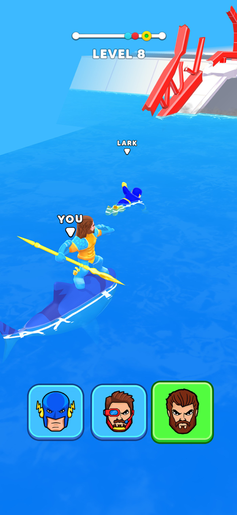 Hero Transform: Superhero Game - Gameplay of Hero Transform showing a character riding a shark in a water race level with character transformation icons at the bottom