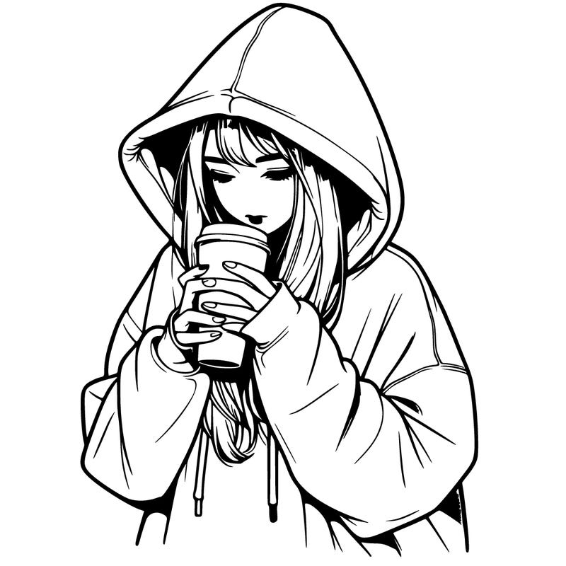 realistic girl in oversized hoodie drinking coffee