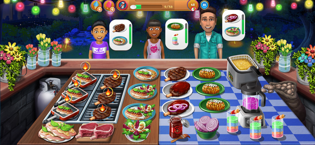 Virtual Families: Cook Off - Virtual Families Cook Off のゲームプレイ画面。裏庭のグリルステーションでステーキが焼かれており、顧客が料理を待っている様子