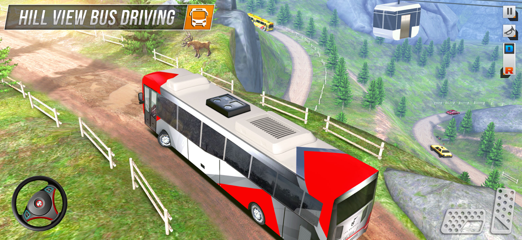 Bus Games : Driving Master 3D - A red and white coach bus driving on a winding mountain road in the Bus Games Driving Master 3D simulator.