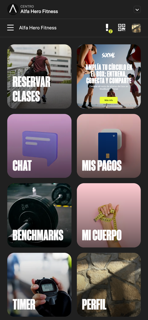 Alfa Hero - Main dashboard of the Alfa Hero fitness app displaying tiles for class booking, benchmarks, social community, and profile management.