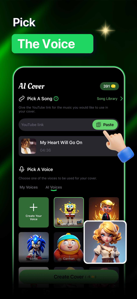 A mobile app interface for creating AI music covers where users can pick a song and select a character voice like SpongeBob or Sonic