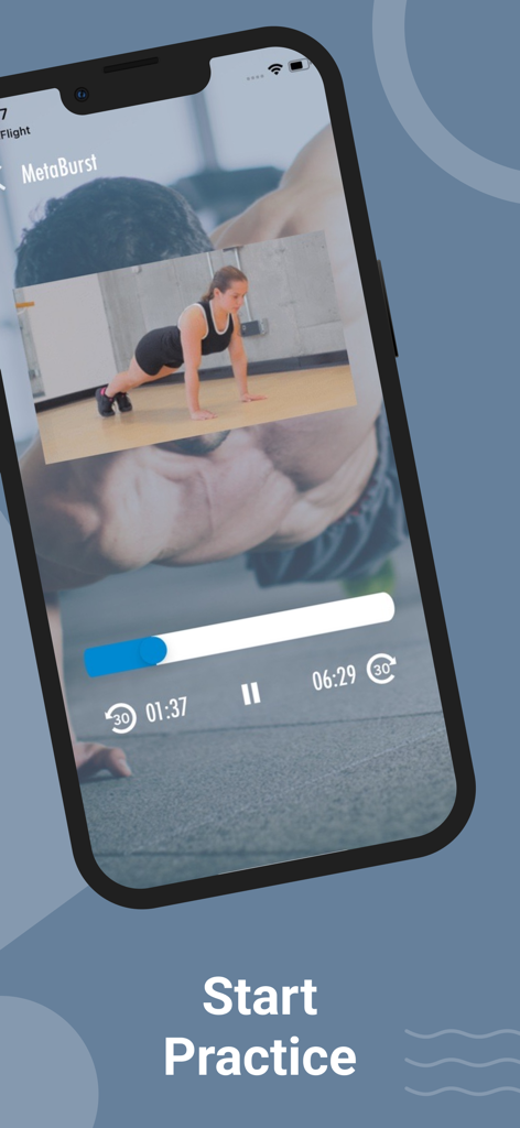 Pilates Workout Routines - Pantalla de smartphone mostrando un video instructivo de Pilates de una mujer realizando un ejercicio de core.