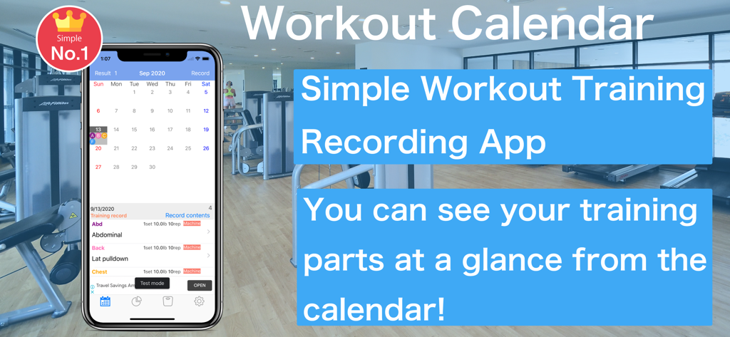 A smartphone showing the Fitness Workout Log Calendar app interface with a monthly workout schedule and recorded exercises.