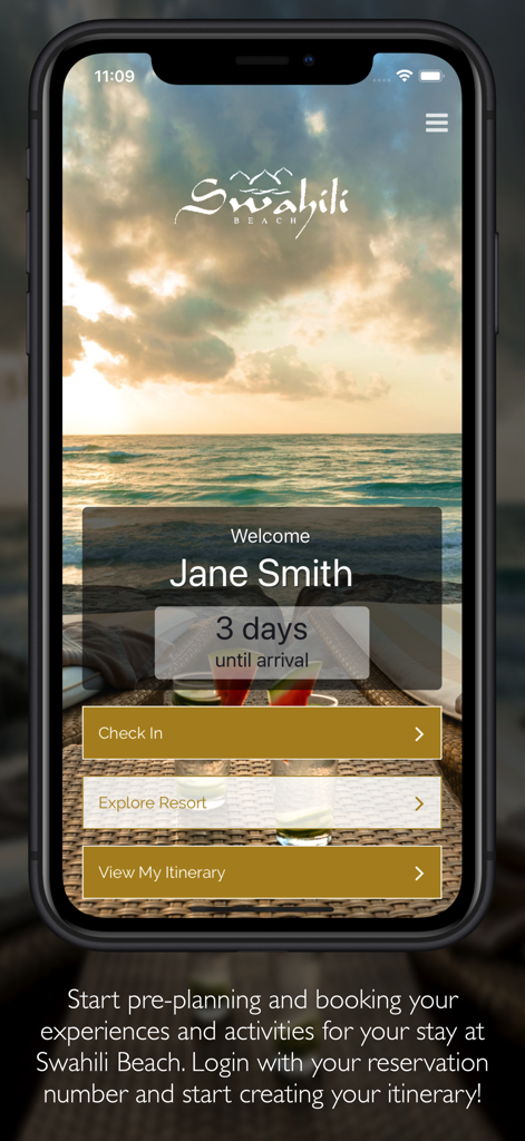 Swahili Beach - Swahili Beach mobile app dashboard showing personalized resort check-in and travel planning options