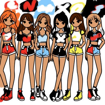 a group of girls wearing crop tops and shorts