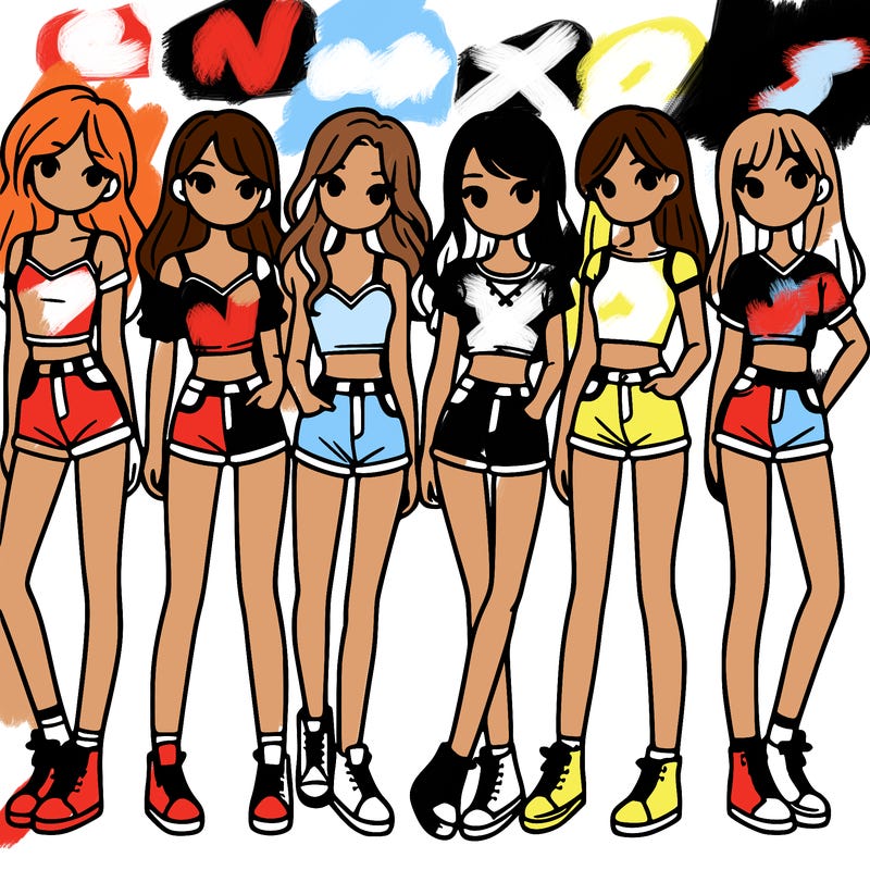 a group of girls wearing crop tops and shorts
