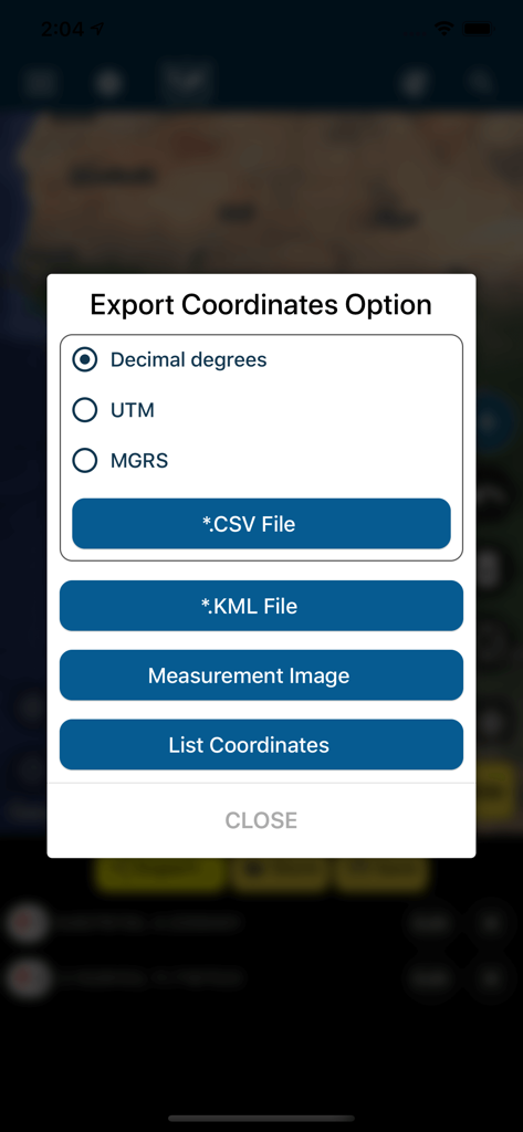 Measure Map app export coordinates menu showing options for CSV KML UTM and MGRS formats