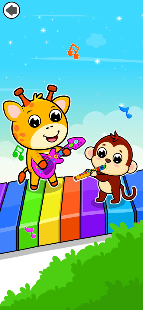 A cartoon giraffe playing a guitar and a monkey playing a flute on a colorful piano path in the Baby Piano app