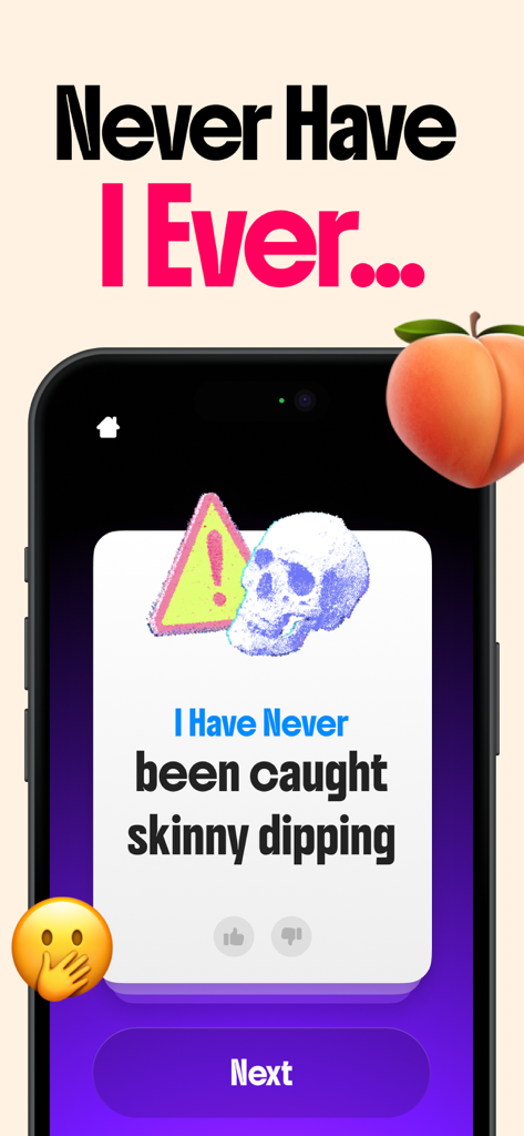 I Have Never: Dirty Game - Schermata dell'app Never Have I Ever Dirty Game con uno spunto sul fare il bagno nudi.