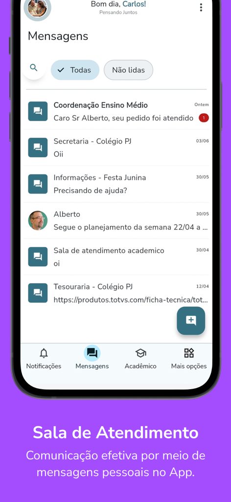 Meu eduCONNECT - Messaging interface of the Meu eduCONNECT app showing school communications