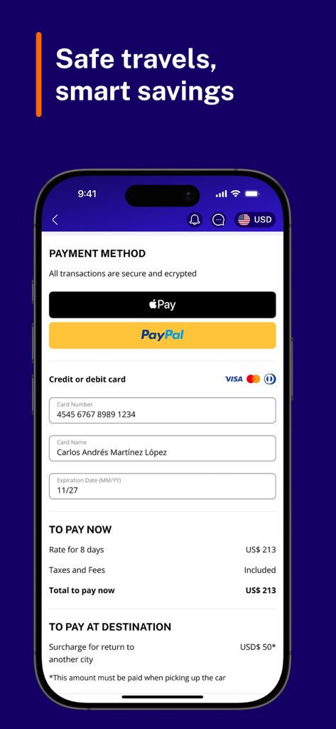 Hola Car Rentals - Hola Car Rentalsアプリのセキュア決済画面、Apple Pay PayPalおよび税込みの透明性のある価格設定が表示されている
