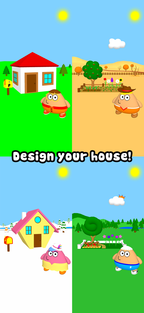 A collage showing different house designs and garden environments in the Pou 3D game