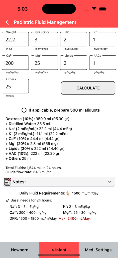 Interface of the PediaTools app showing weight-based pediatric fluid management calculations and daily requirement notes.