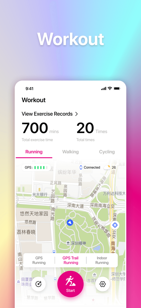 ADVAN SW - ADVAN SW app workout screen showing total exercise time, frequency, and a GPS map for tracking running routes.