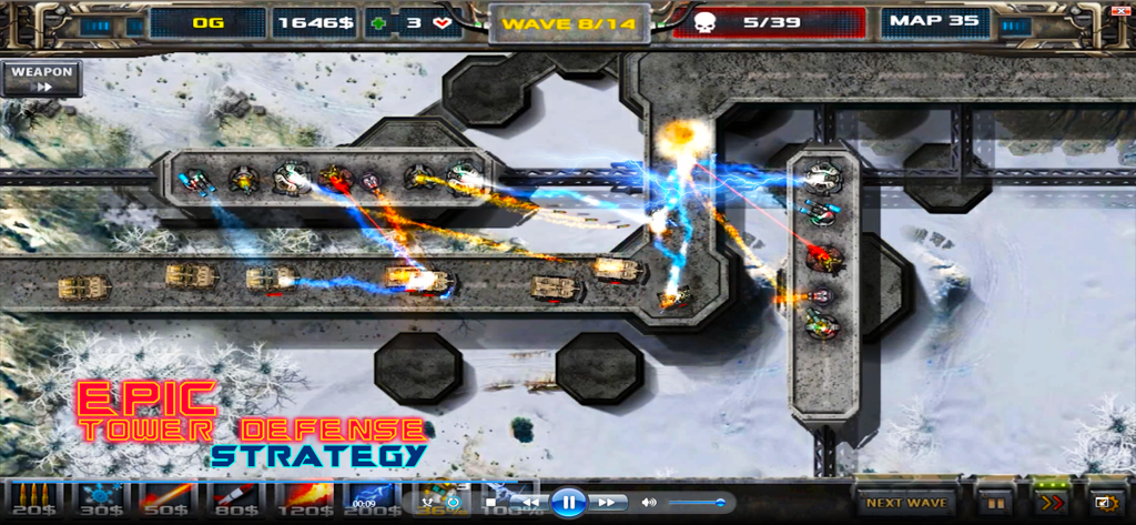 Defense Legend 2 - Strategic tower defense gameplay in Defense Legend 2 featuring futuristic turrets defending against enemy tanks on a snowy map