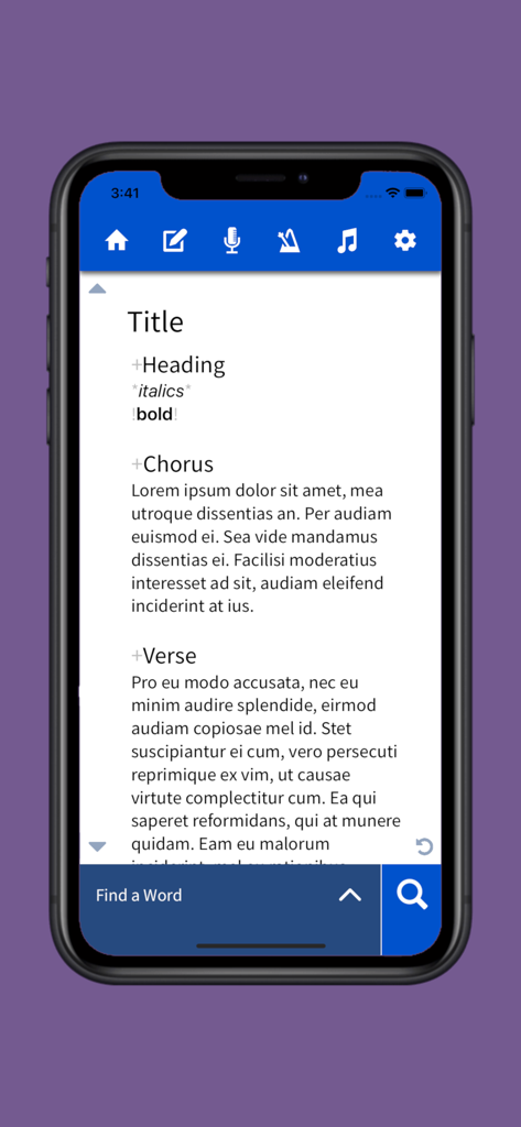Lyric Notepad mobile app interface showing a songwriting editor with title chorus and verse sections