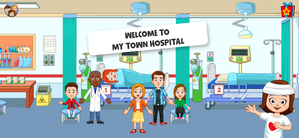 My Town Hospital: Doctor Games - Cartoon characters and medical equipment in a hospital room from My Town Hospital Doctor Games.