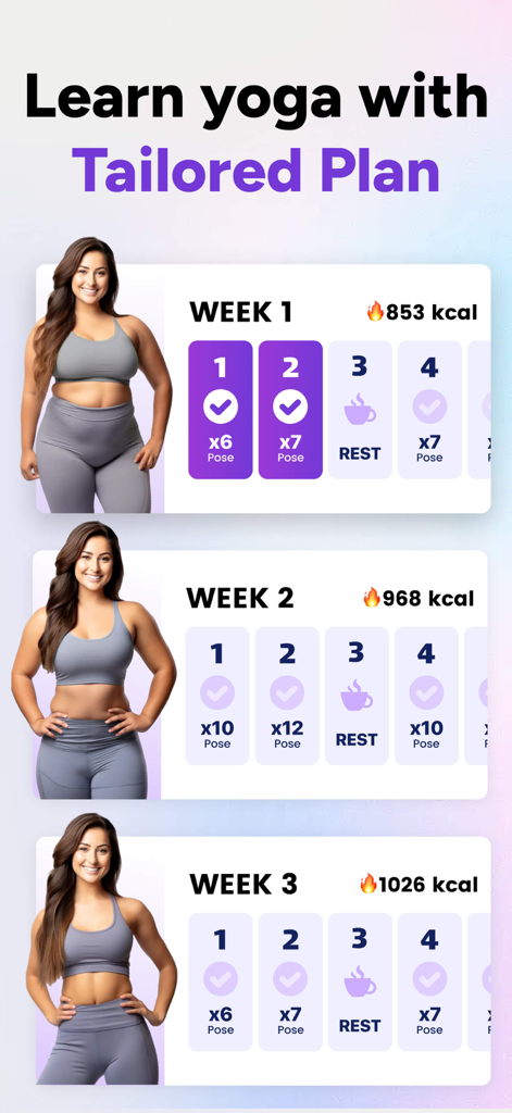 Un plan de entrenamiento de yoga personalizado que muestra horarios semanales y calorías quemadas.