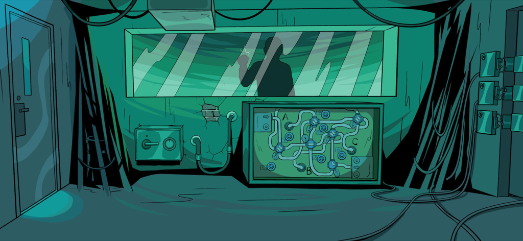 Parallel Experiment - Une illustration de bande dessinée style noir d'une salle de laboratoire avec un tableau d'énigmes de tuyaux et une silhouette derrière une vitre.