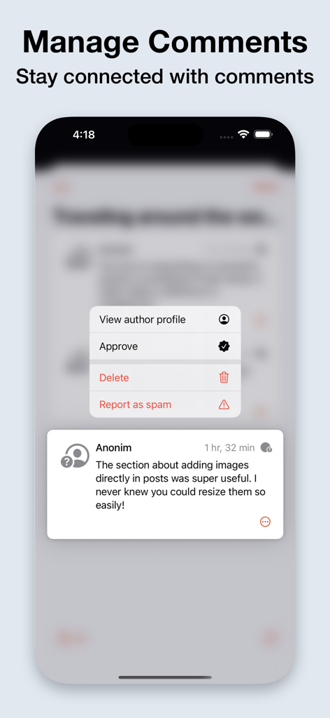 BlogTouch for Blogger - Uma interface mobile do BlogTouch mostrando opções de gerenciamento de comentários, incluindo aprovar, excluir e marcar como spam