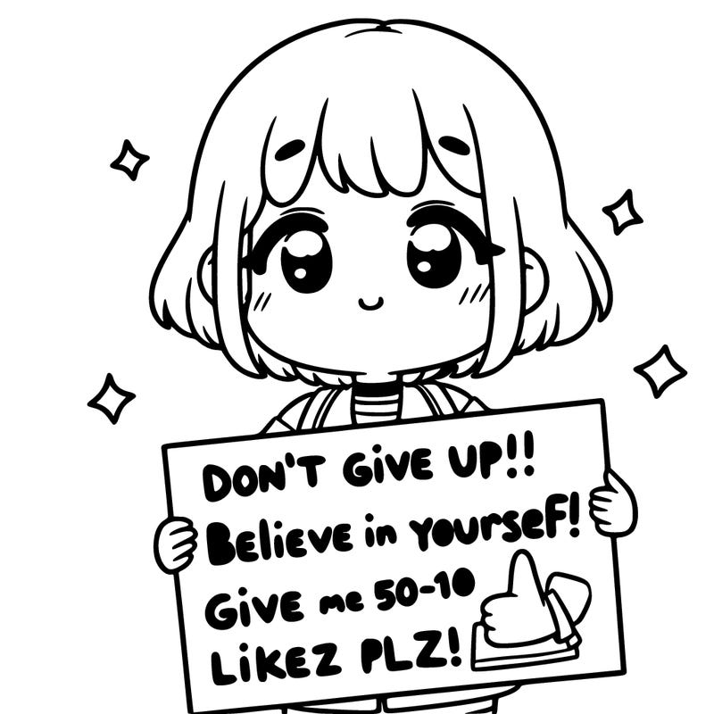 a cute girl holding a poster that says "don't give up! believe in yourself! give me 50-100 likes plz!!"