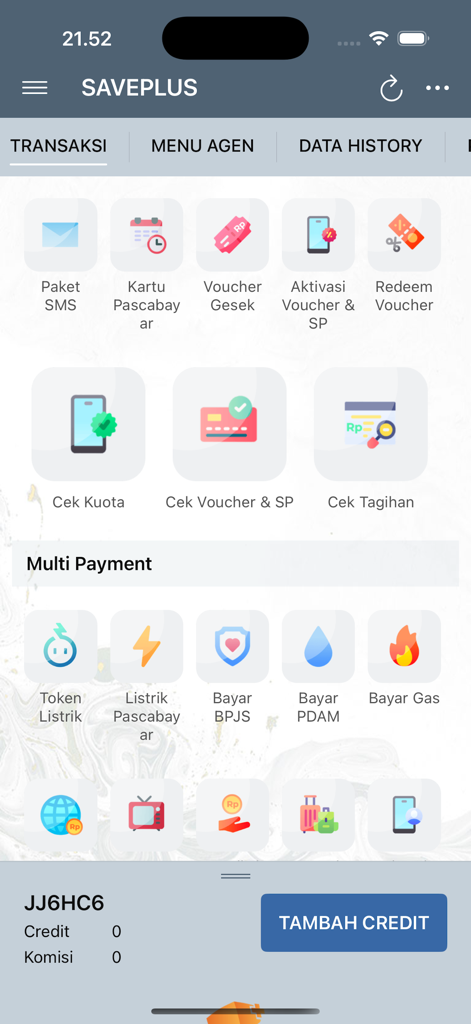 SAVEPLUS - The main transaction screen of the SAVEPLUS mobile app displaying icons for Indonesian utility bills and telecommunication services
