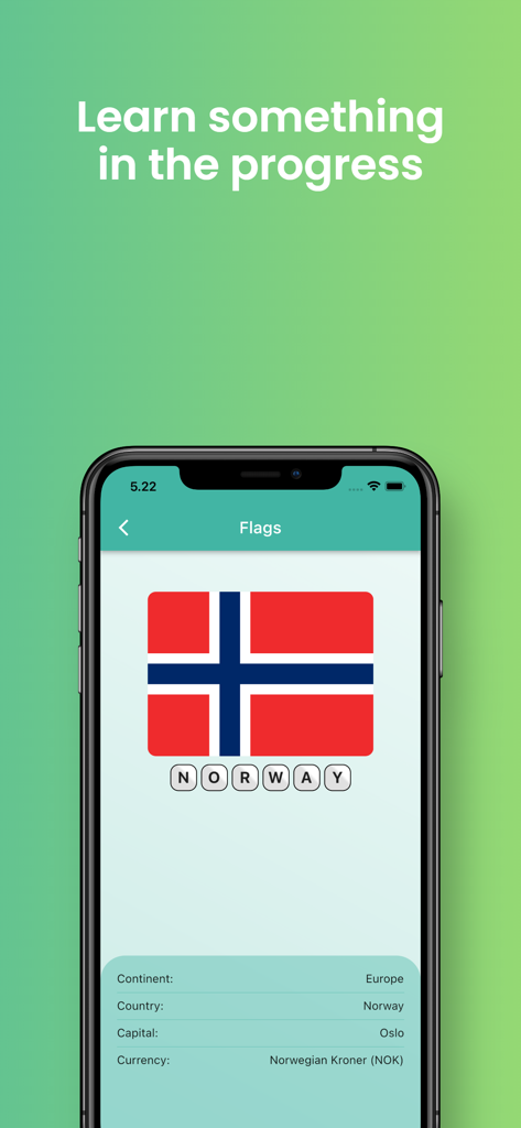 Flags game - Quiz - Tela educacional do Flags game Quiz mostrando a bandeira da Noruega com seu continente, capital e detalhes da moeda.