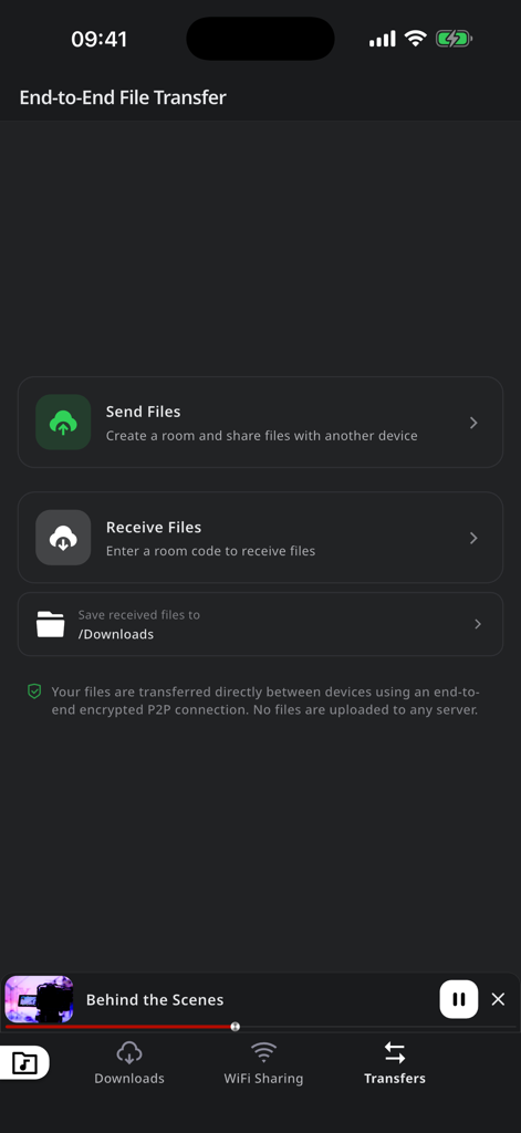 xDL - Cloud Files Downloader - Interfaz de la aplicación xDL que muestra opciones para la transferencia de archivos cifrada de igual a igual, incluidos los botones para enviar y recibir archivos