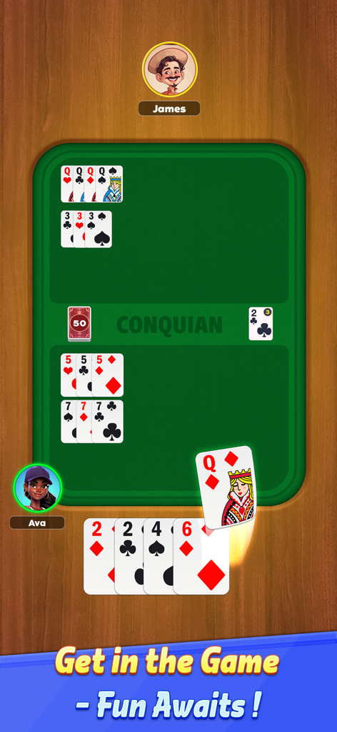 Conquian Card Game - Pantalla de juego del Conquian que muestra cartas sobre una mesa verde con avatares de jugadores.