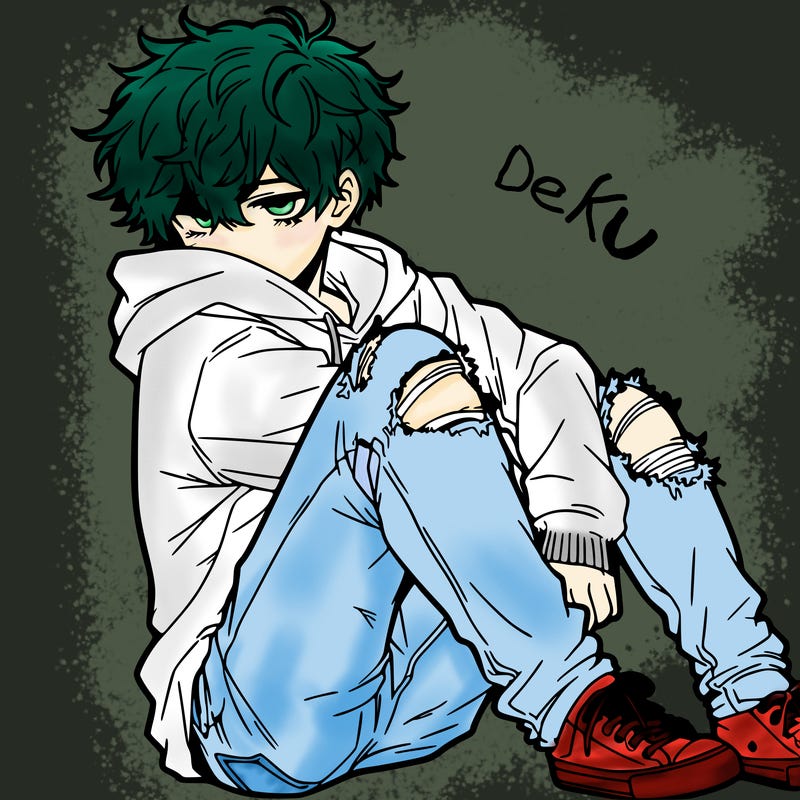 a male hoddie ripped jeans messy hair anime
