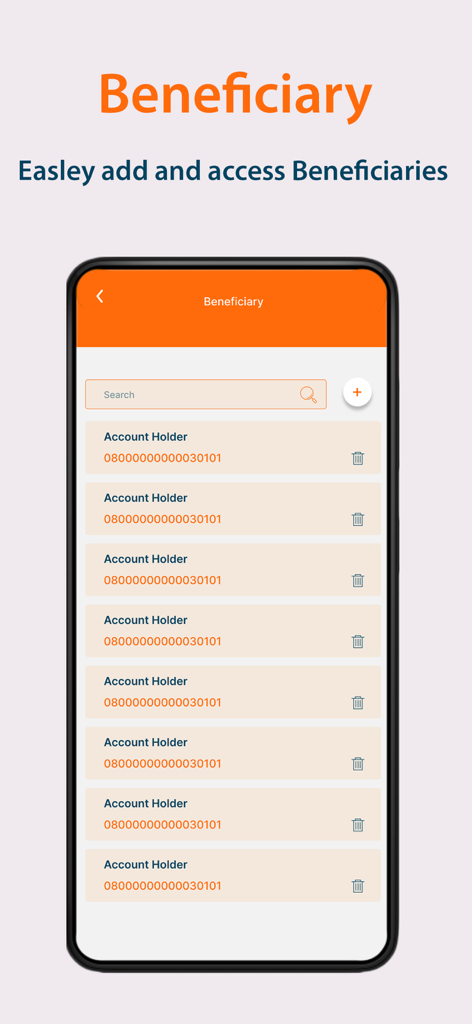 Wegagen Mobile - Wegagen Mobile app interface showing the beneficiary list with account holders and an option to add new ones.