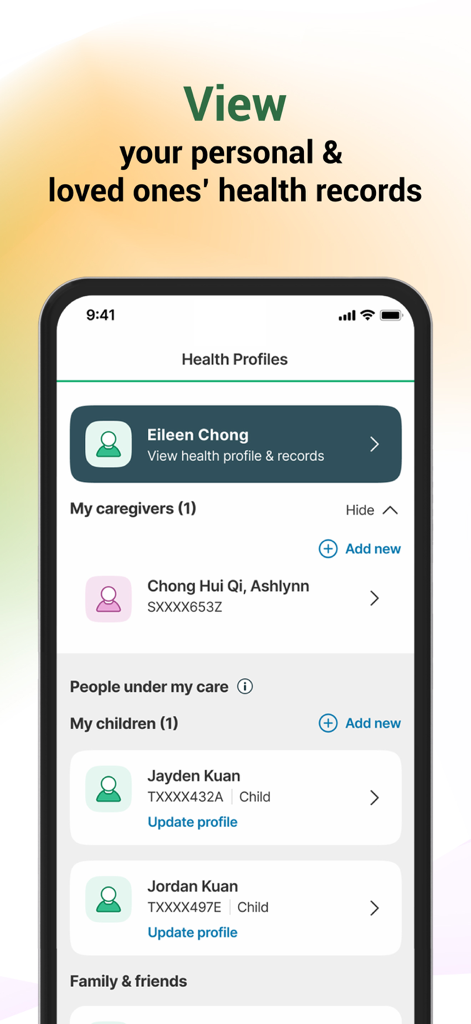 HealthHub SG - HealthHub SG app screen for viewing personal and family health records