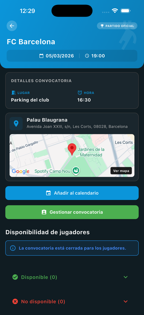 Advanced Metrics. Handball - Handball match management screen with event details, map location, and player availability status