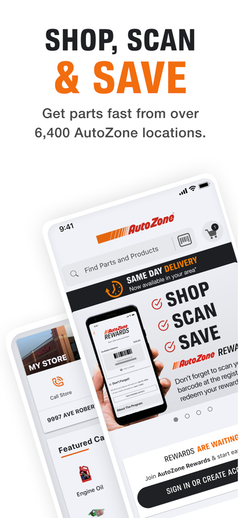 AutoZone mobile app interface showing car parts shopping and rewards program