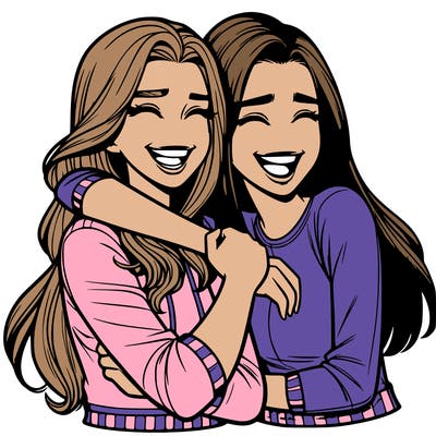 two realistic teenage girls side hugging and laughing
