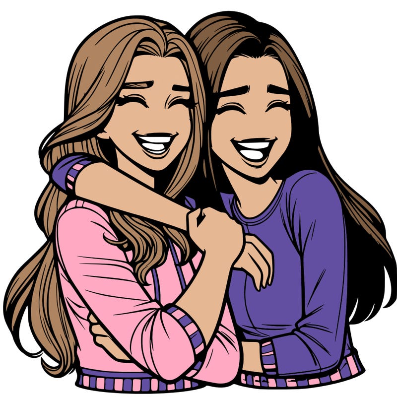two realistic teenage girls side hugging and laughing