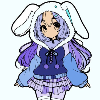 pretty anime girl wearing a fluffy hoodie with bunny ears on the hood and a skirt