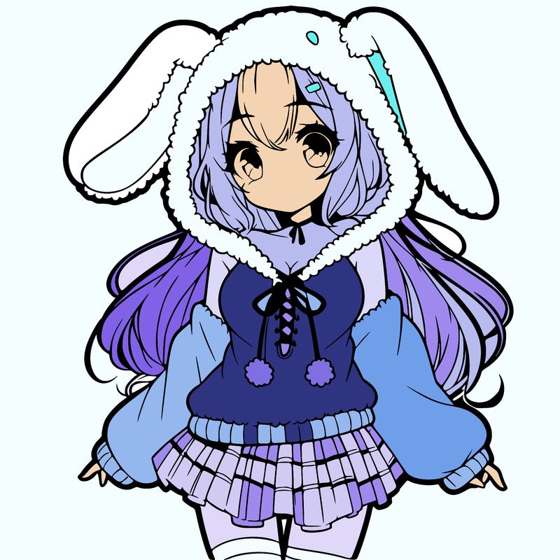pretty anime girl wearing a fluffy hoodie with bunny ears on the hood and a skirt