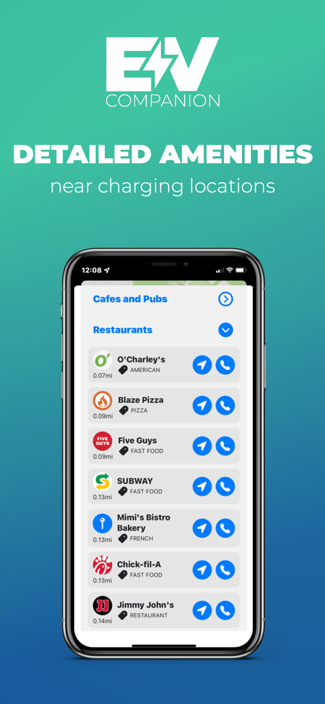 EV Companion App-Oberfläche zeigt eine Liste von Restaurants und Cafés in der Nähe von Ladestationen mit Navigationsschaltflächen
