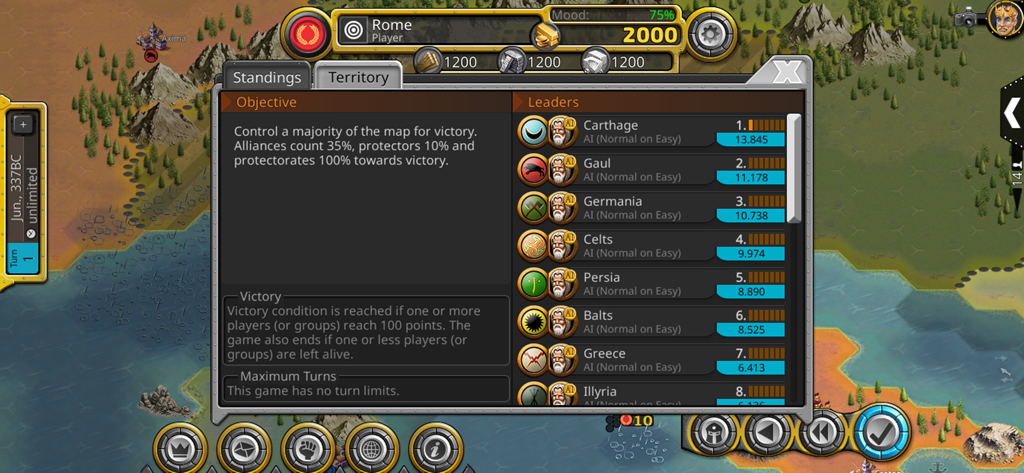 Demise of Nations - Standings and victory objectives menu in the grand strategy game Demise of Nations showing leader rankings over a hex-based map.