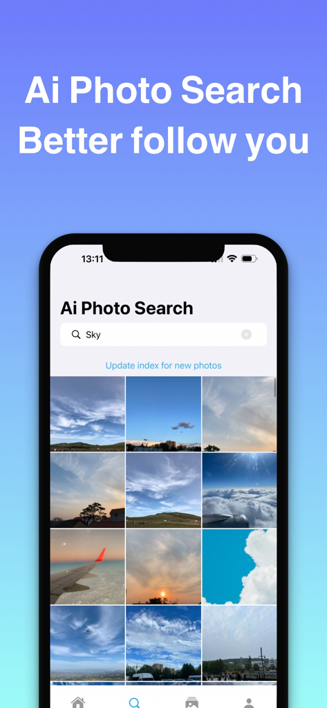 Photoswipe : Photo Cleaner - Photoswipe app screenshot showing AI powered photo search results for the keyword sky