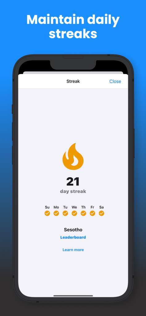 Angula - African languages - A 21 day streak interface in the Angula app for learning Sesotho