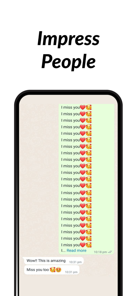 Text Repeater: Repeat Text App - A chat interface showing a long block of repeated I miss you messages to impress a contact