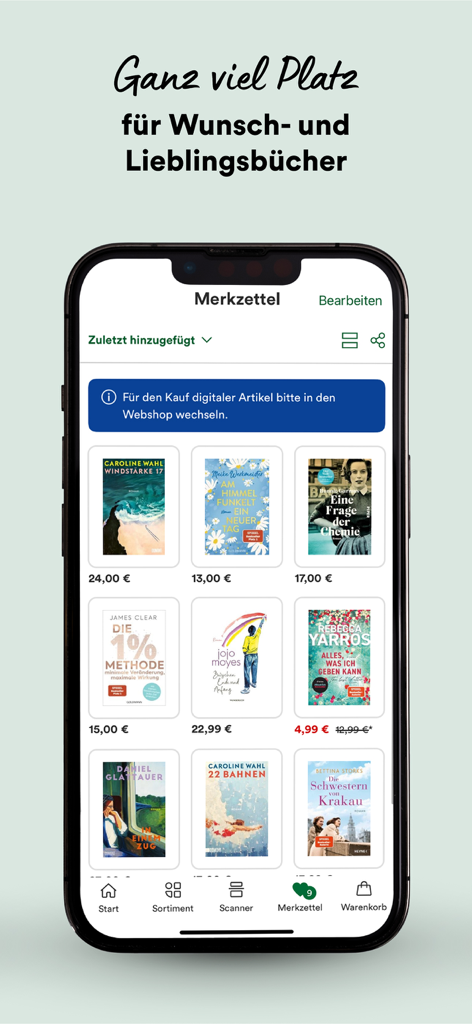 Thalia – Bücher entdecken - The Merkzettel or wishlist screen of the Thalia app showing a grid of book covers with their prices